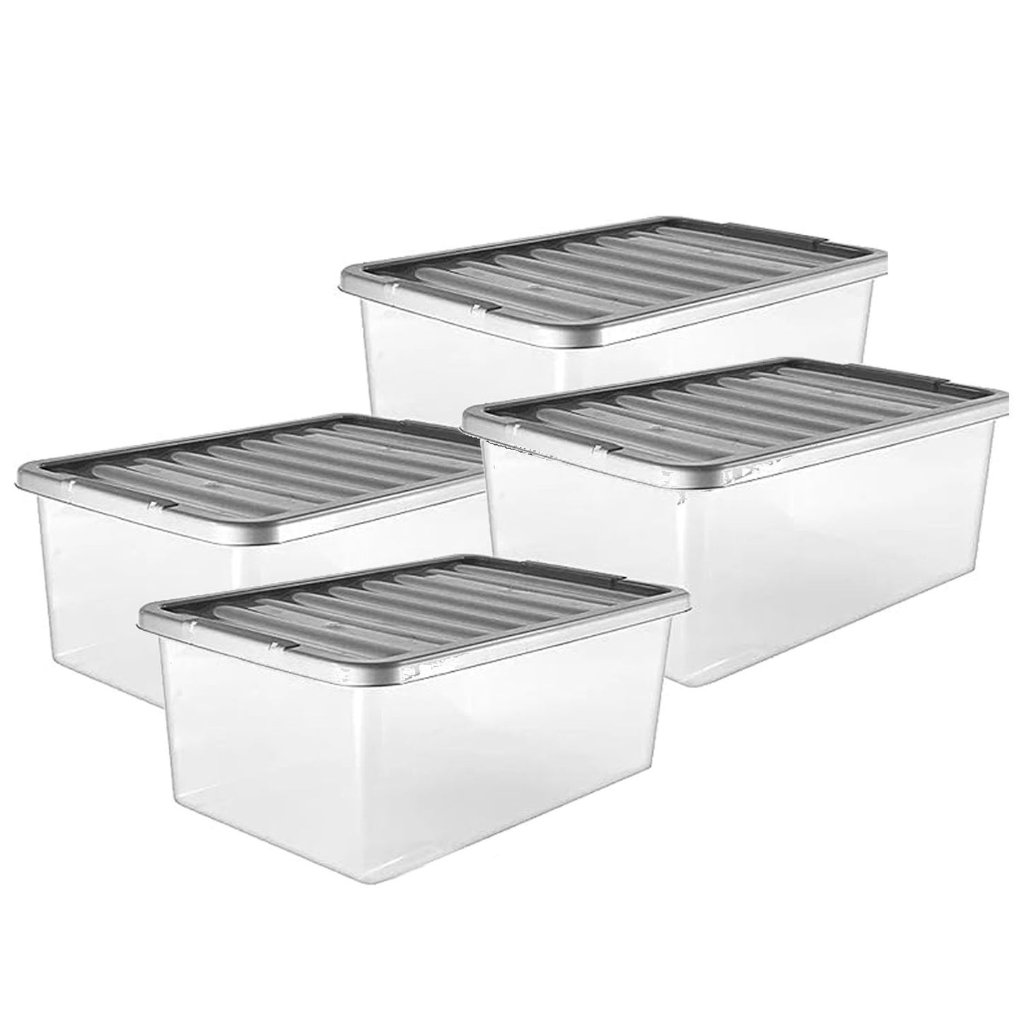 4 x Underbed 32 Litre Plastic Home Office Storage Container Set With Silver Lids