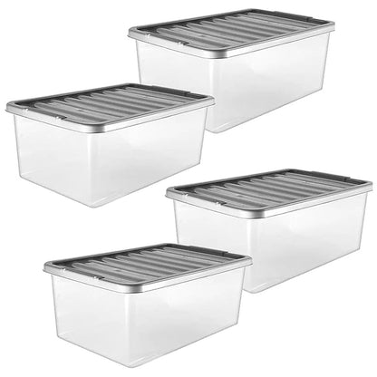 4 x Underbed 32 Litre Plastic Home Office Storage Container Set With Silver Lids