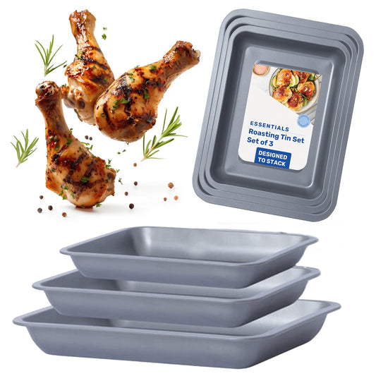 Space Saving Non-Stick Stackable 3 Piece (35cm / 31cm / 28cm) Roasting Tin Tray Set