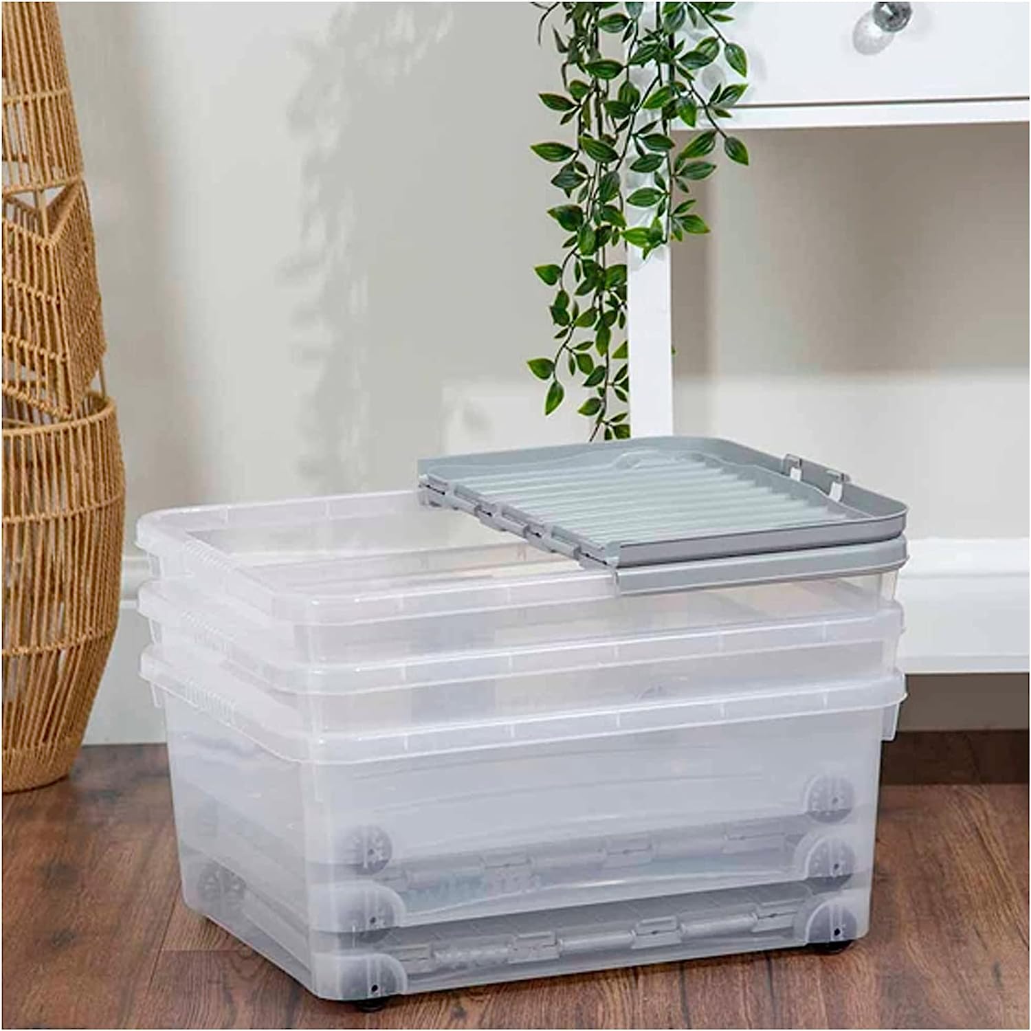 Foldable Storage Bins with Lid, NewHome 2Pcs 72L Collapsible Stackable  Closet Organizer Containers with Front Door Lock and Wheels, Plastic  Storage