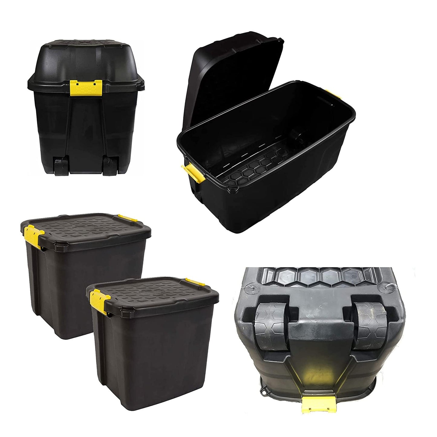 Large Heavy Duty Indoor Outdoor Black Storage Trunks With Clip On Lids & Wheels