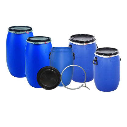 Large 30L 60L 120L 150L 220L Plastic Blue Open Top Food Grade Keg Barrel Storage Drums With Ring Latch & Lid