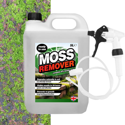 5 Litre Fast Acting Moss Remover Ideal For All Outdoor Hard Surfaces With Long Hose Trigger