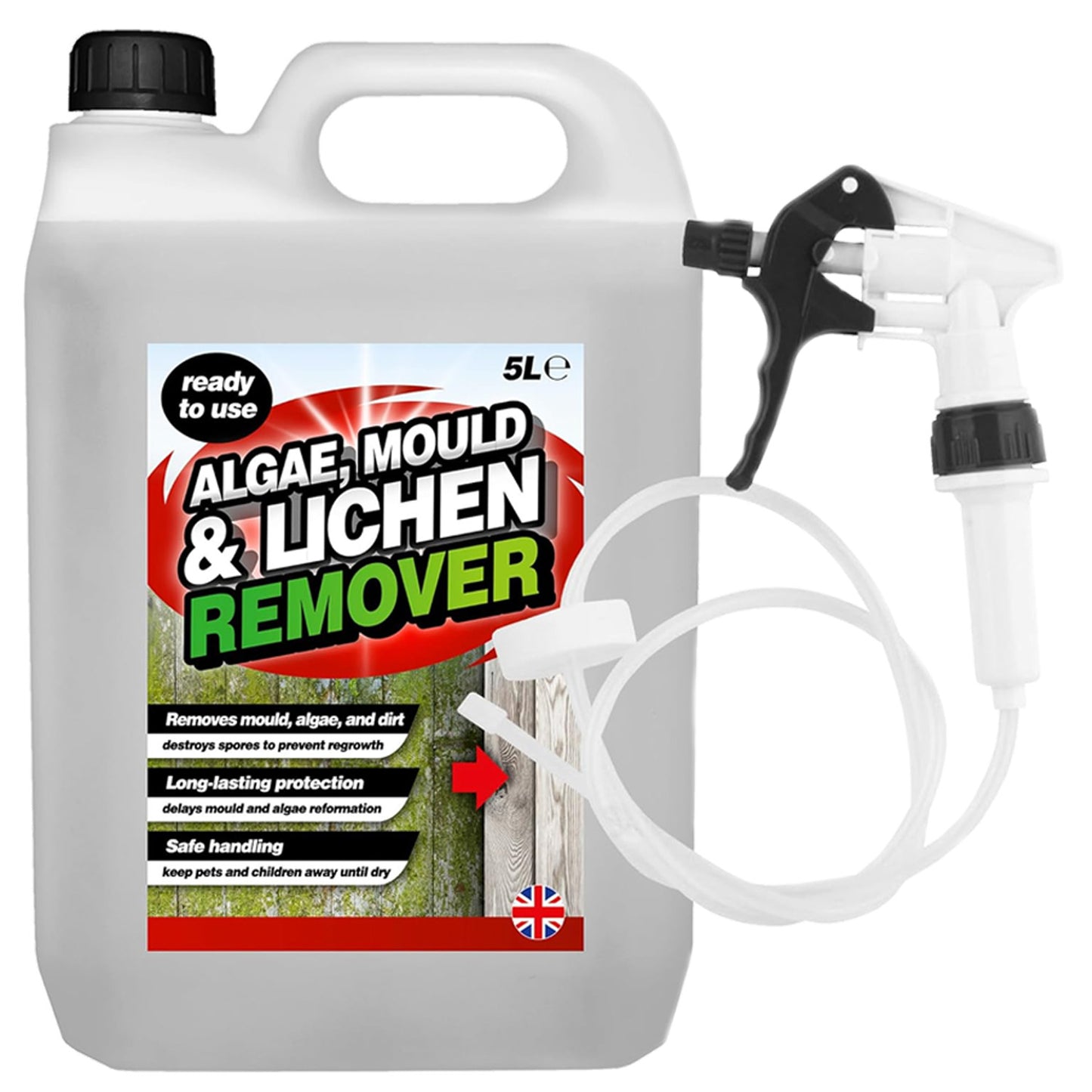 5 Litre Spray & Leave Ready To Use Mould Algae & Lichen Remover With Long Hose Trigger