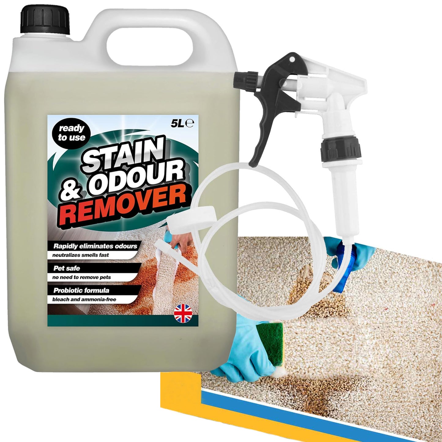 5 Litre Stain & Odour Remover Pet Safe Neutralises Smells Fast With Long Hose Trigger