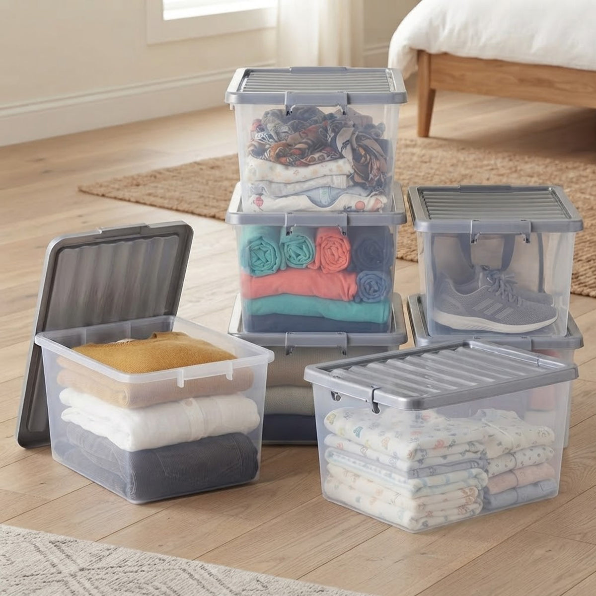 5 x 32L Clear Plastic Storage Boxes with Lids Underbed Storage Containers