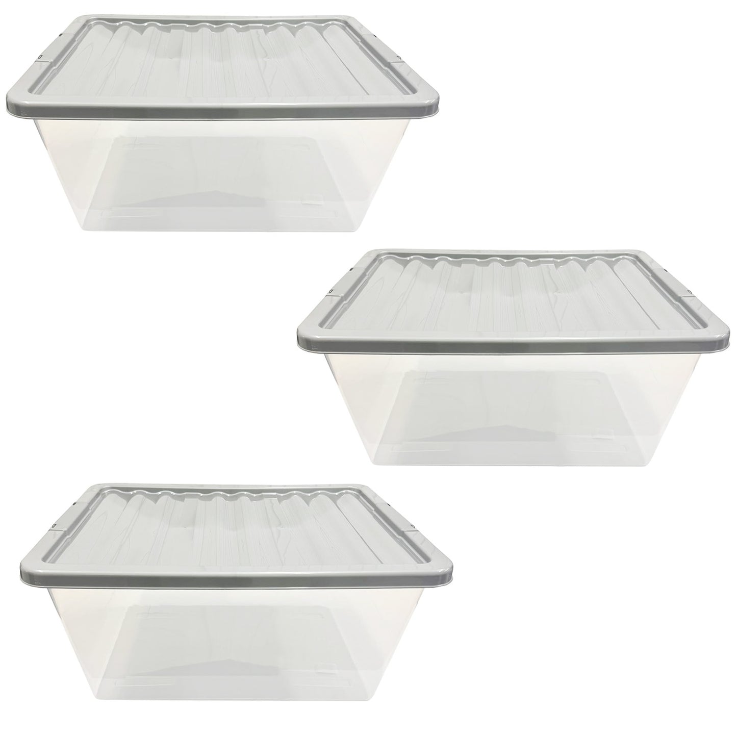 3 Large 62 Litre Clear Plastic Home Office Storage Containers Complete With Silver Lids