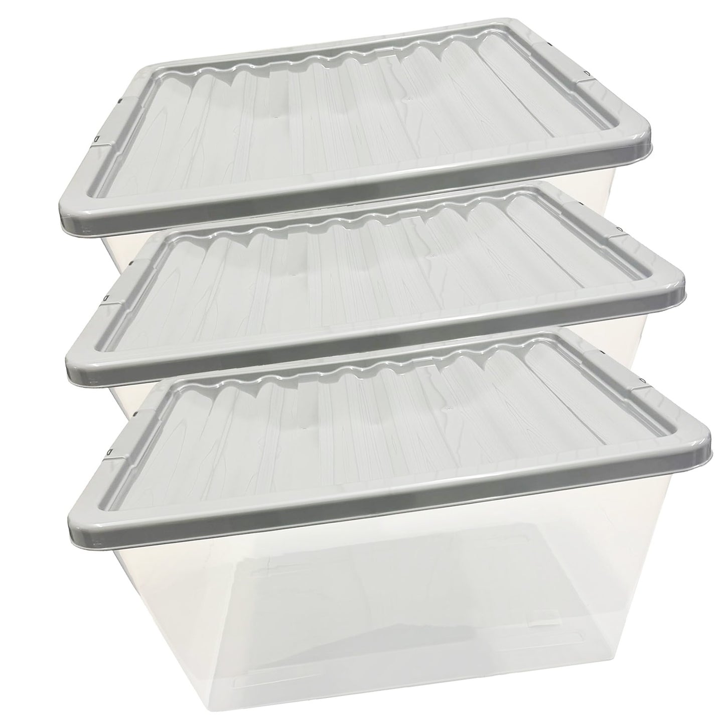 5 Large 62 Litre Clear Plastic Home Office Storage Containers Complete With Silver Lids