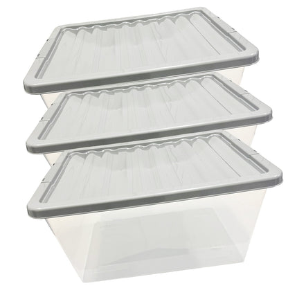 5 Large 62 Litre Clear Plastic Home Office Storage Containers Complete With Silver Lids