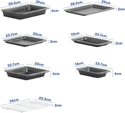 Set of 7 Non-Stick BPA Free Premium Pewter Bakeware Trays, Roaster & Cooling Rack