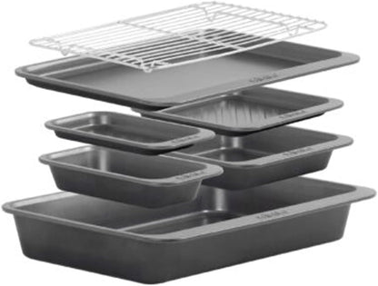 Set of 7 Non-Stick BPA Free Premium Pewter Bakeware Trays, Roaster & Cooling Rack