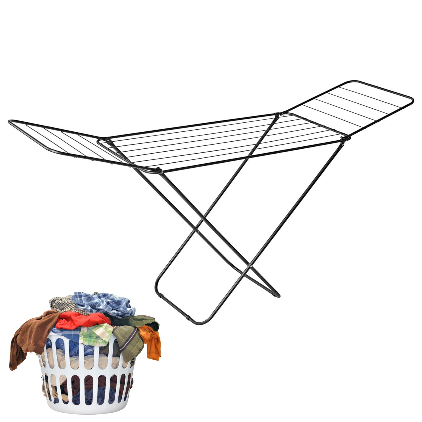 Foldable Black Winged Stand Clothes Drying Rack Metal Airer For Indoor & Outdoor Use