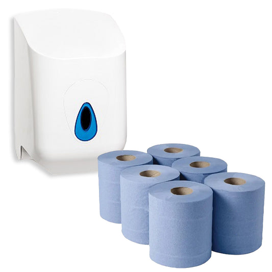 6 Blue Centrefeed Rolls & Dispenser