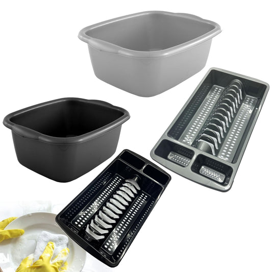 Black Or Silver Rectangular Washing Up Bowl & Dish Rack Sets Ideal For Kitchens & Sinks