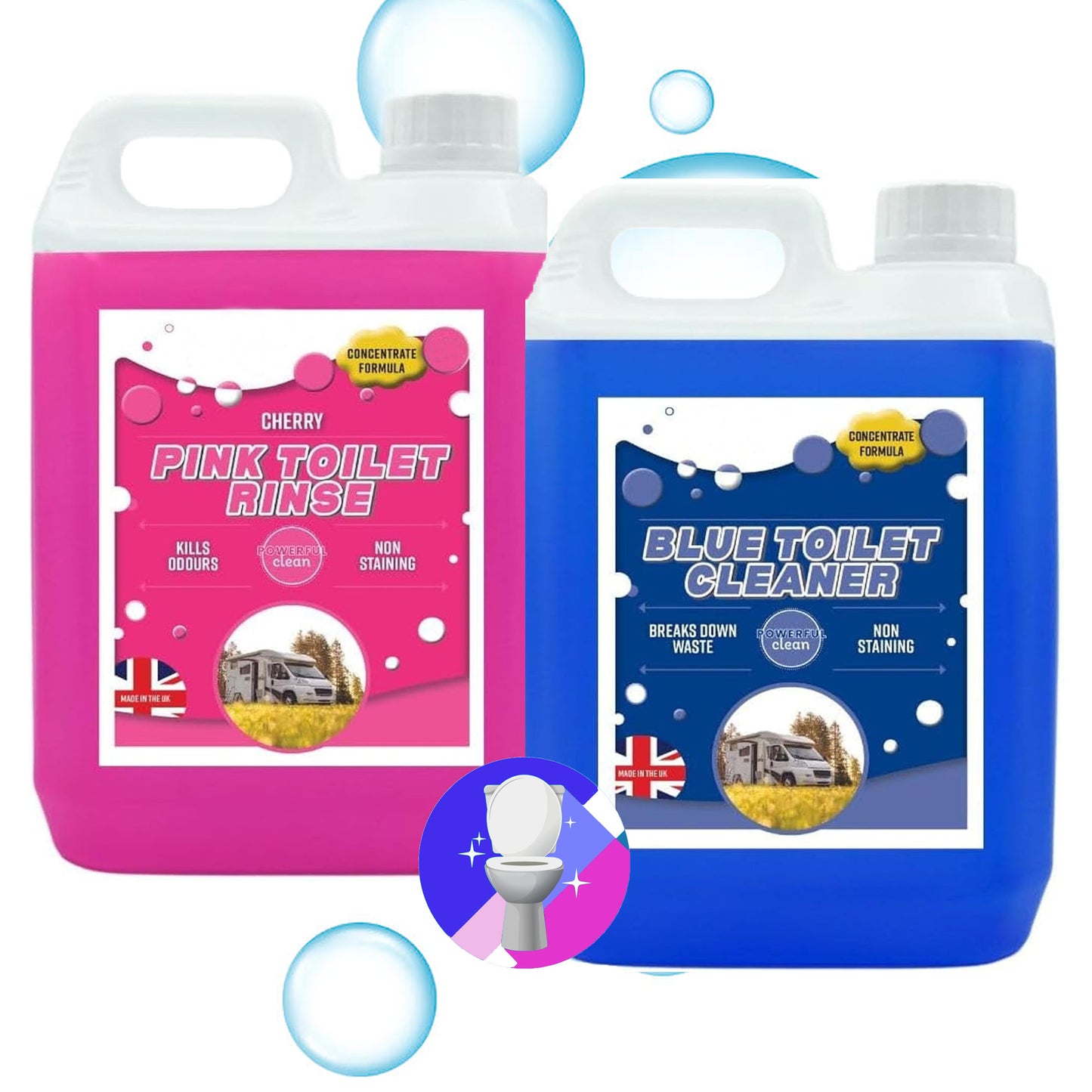 2 x Pink & Blue 2.5 Litre Combo Pack Caravan Toilet Fluid & Rinse Disinfectant For Motor Homes & Portable Toilets