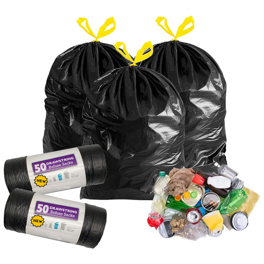 Easy Tie Top Handle Black 120L Drawstring Refuse Sacks For Home, Garden & Office