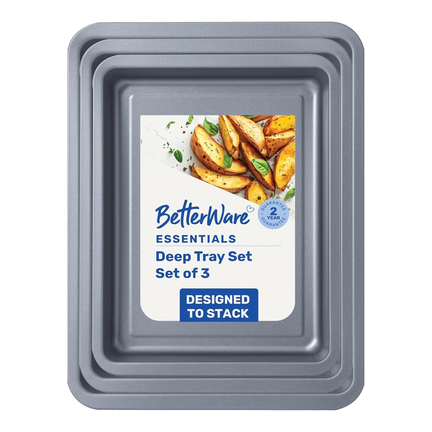 Pack Of 3 Essentials Deep Tray Set Stackable Dishwasher Safe Oven Baking Trays