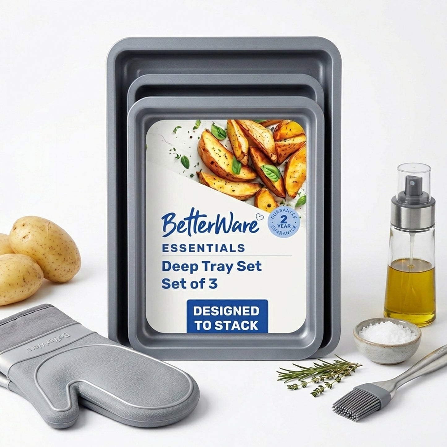 Pack Of 3 Essentials Deep Tray Set Stackable Dishwasher Safe Oven Baking Trays