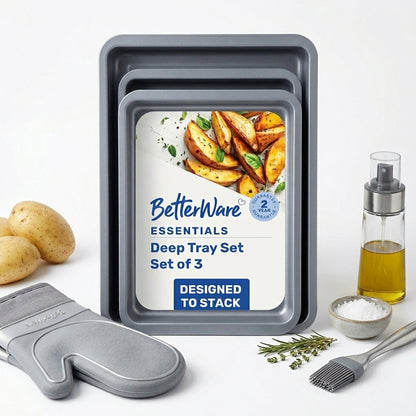 Pack Of 3 Essentials Deep Tray Set Stackable Dishwasher Safe Oven Baking Trays