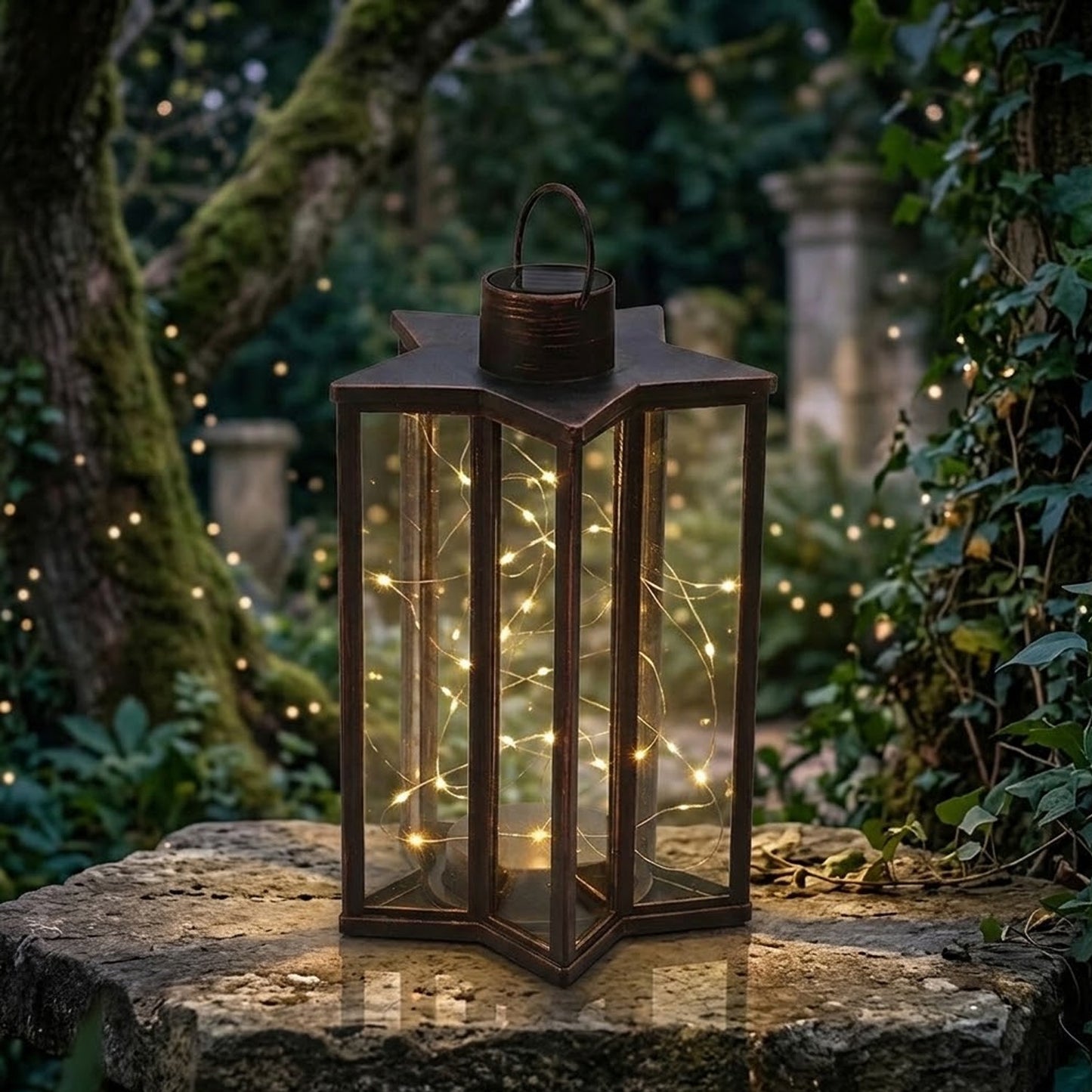Elegant XL Star Lantern with Bronze Finish Solar Powered Warm White LEDs