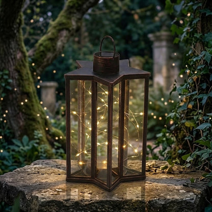 Elegant XL Star Lantern with Bronze Finish Solar Powered Warm White LEDs