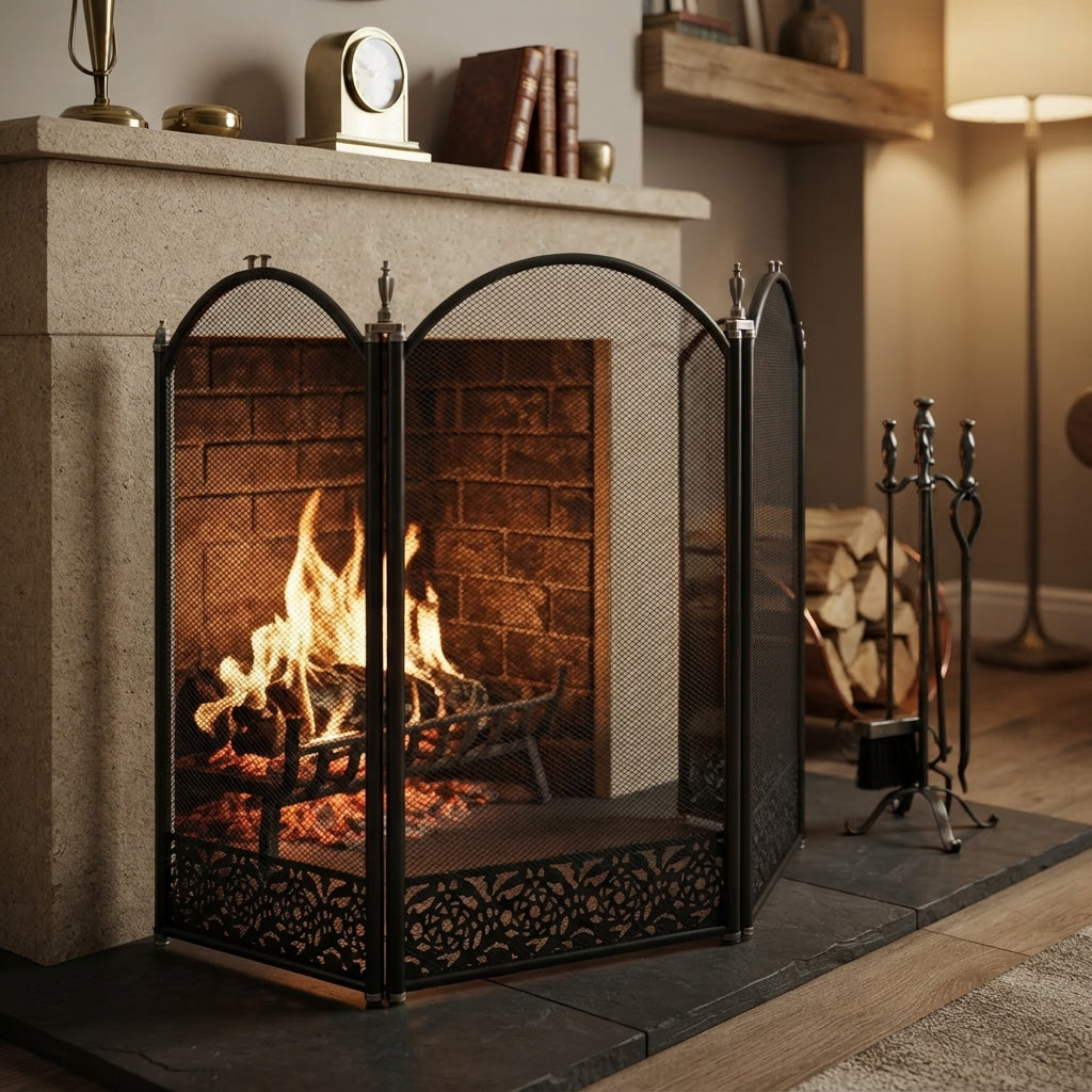 Steel 3 Panel Fire Screen 97cm Wide Folding Fireplace Spark Guard