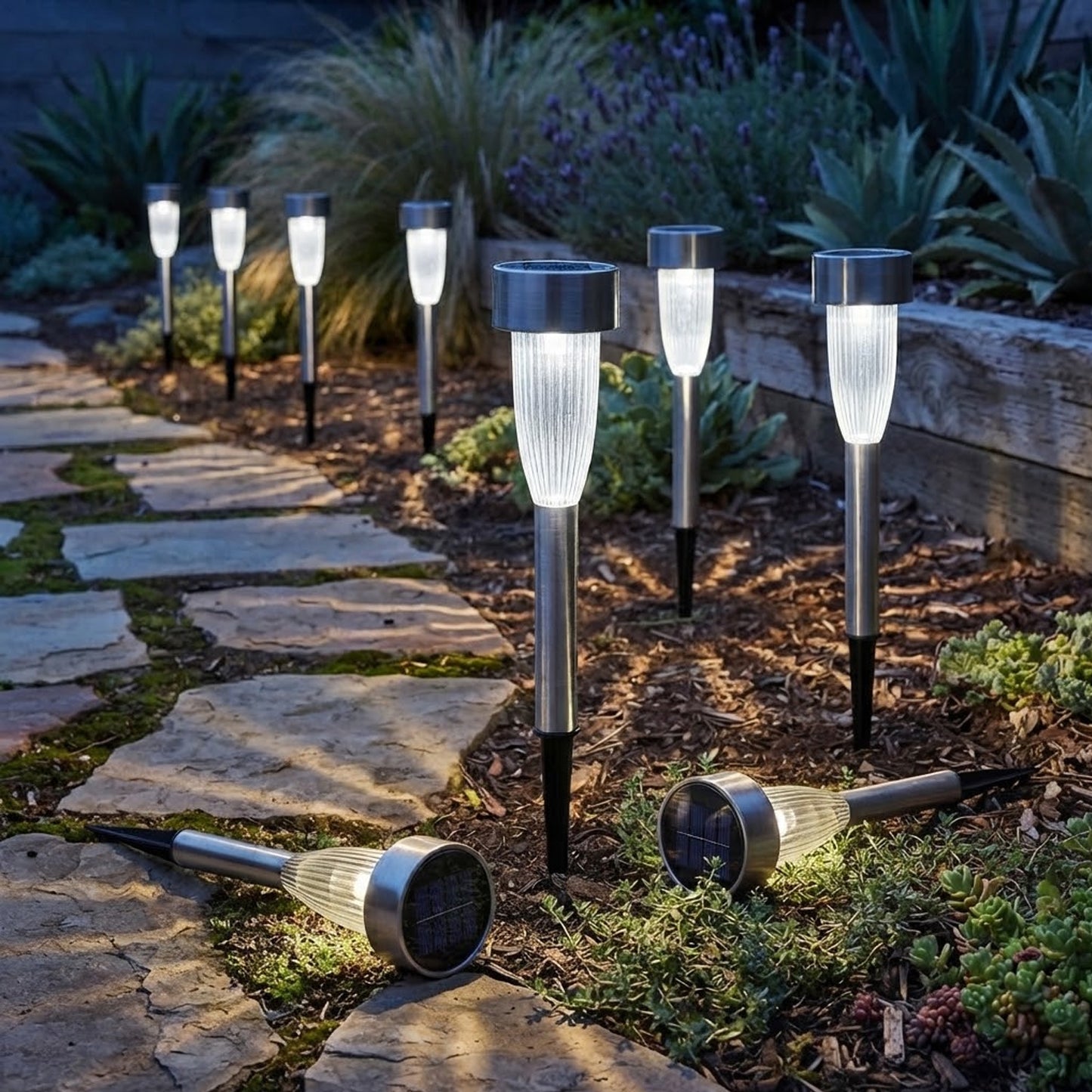 Stainless Steel Fluted Marker Stake Lights Solar Powered Warm White LED