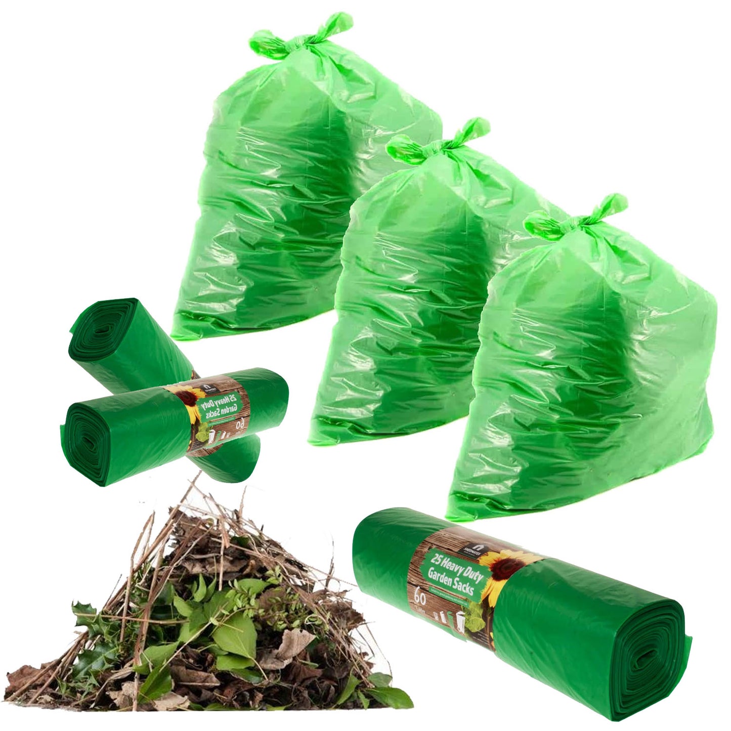 Garden & Household Strong Green Outdoor Waste Rubbish Sacks 60 Litre Multipurpose Bin Liners