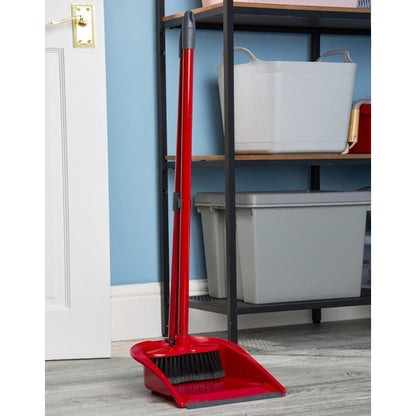 Tall Long Handled Red Dustpan & Brush Set For Indoor Sweeping Home & Kitchen