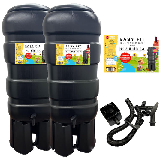 2 x 100L Black Traditional Rainwater Barrels Complete With Lids, Taps, Stands & Filler Kits