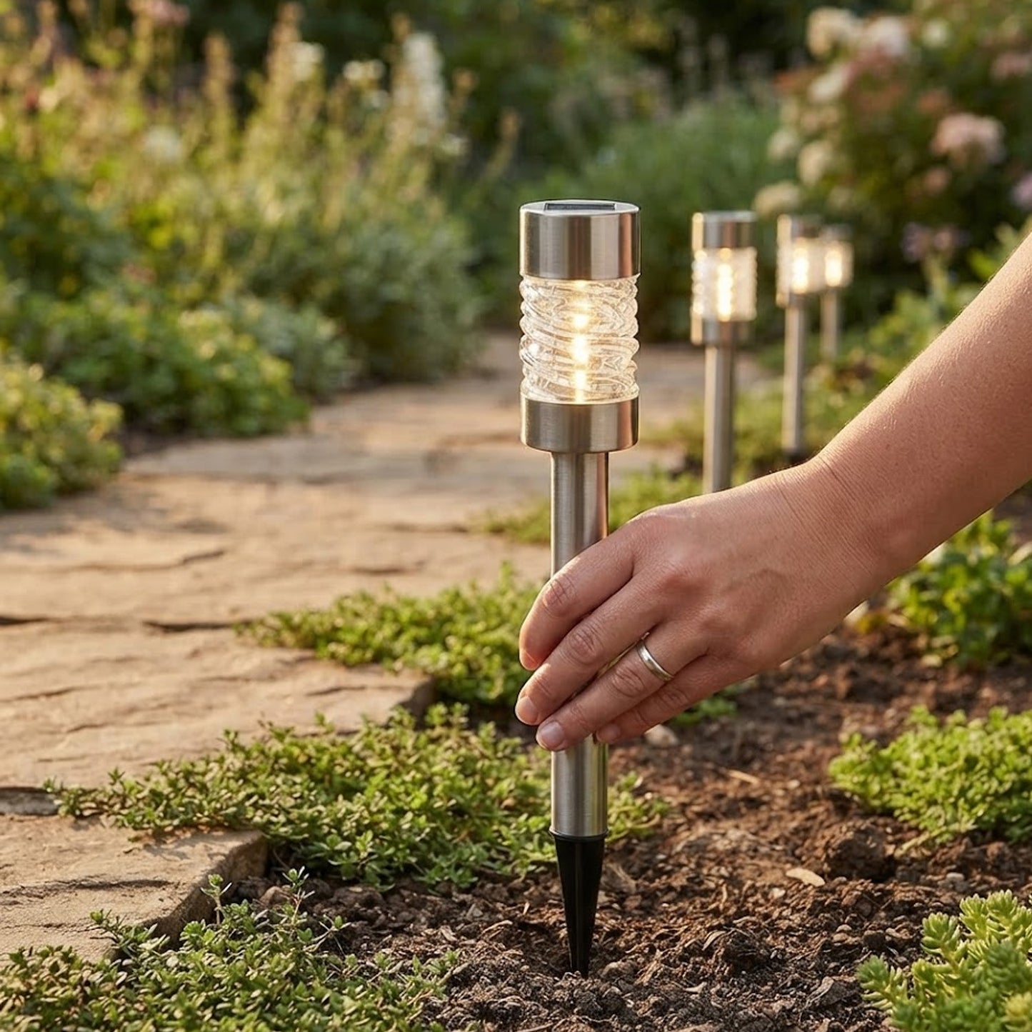 3 Pack Martello Solar Stake Lights, 57cm Stainless Steel LED Garden Lights