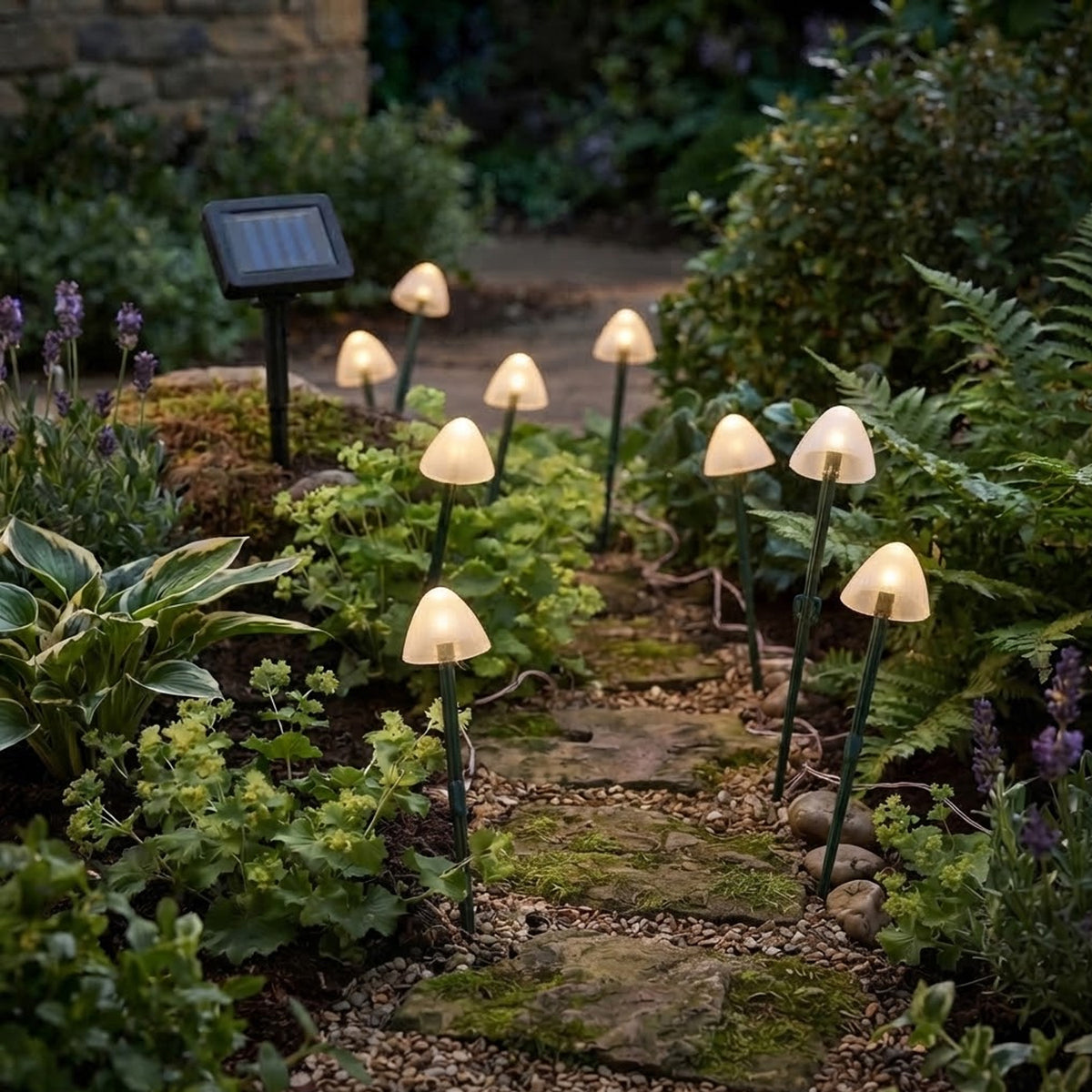 Solar Mushroom Pathway Lights Warm White Pearl Caps 10 LED 2m Lit Length