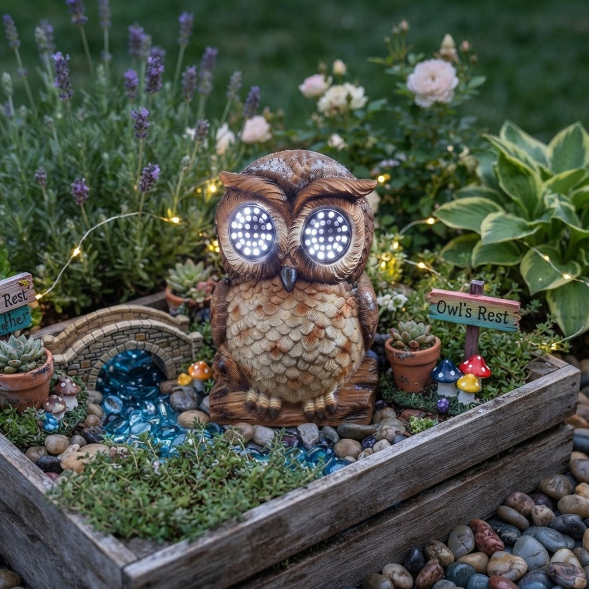 Solar Owl Garden Statue Blinking LED Eyes Wildlife Outdoor Ornament