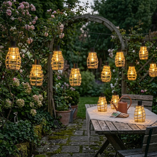 Solar Hanging Lantern Lights 10 Pack Rattan-Style Outdoor String Lights