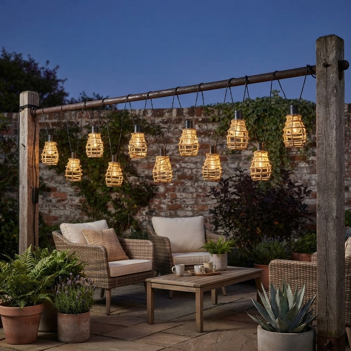 Solar Hanging Lantern Lights 10 Pack Rattan-Style Outdoor String Lights