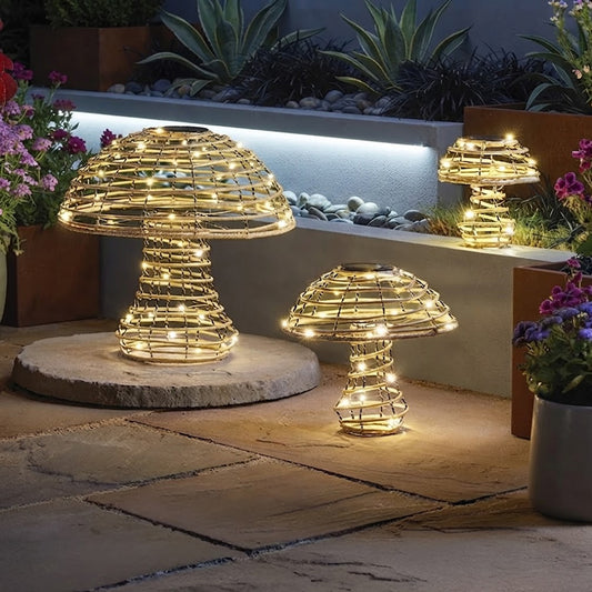 Rattan Solar Mushroom Garden Light Warm White 3000K LED Outdoor Ornament