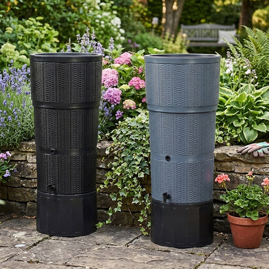 150 Litre Premium Rattan Wicker Effect Water Butt Complete With Stand, Tap, Rain Diverter & Lid