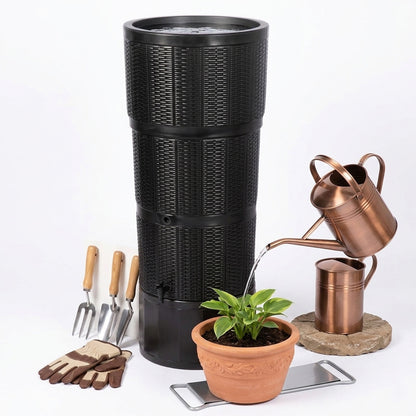 150 Litre Premium Rattan Wicker Effect Water Butt Complete With Stand, Tap, Rain Diverter & Lid