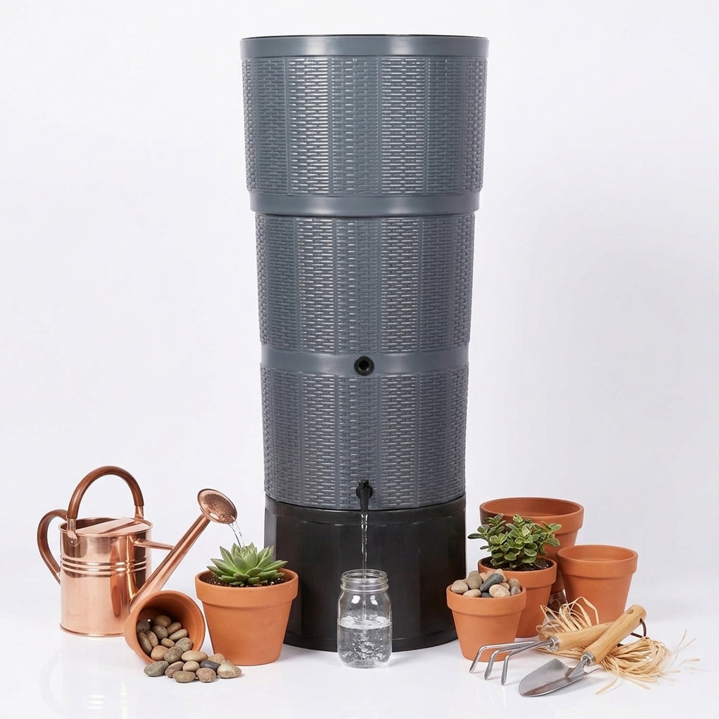 150 Litre Premium Rattan Wicker Effect Water Butt Complete With Stand, Tap, Rain Diverter & Lid