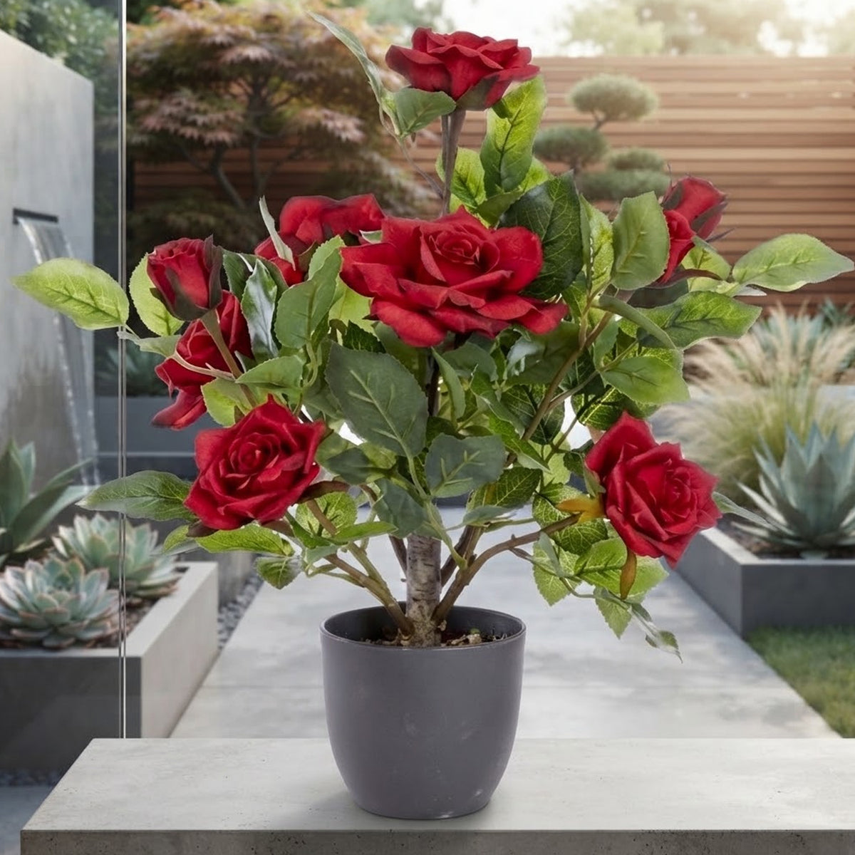 Artificial Regent Roses 40cm Potted Plant – Realistic Faux Flowers for Home & Garden