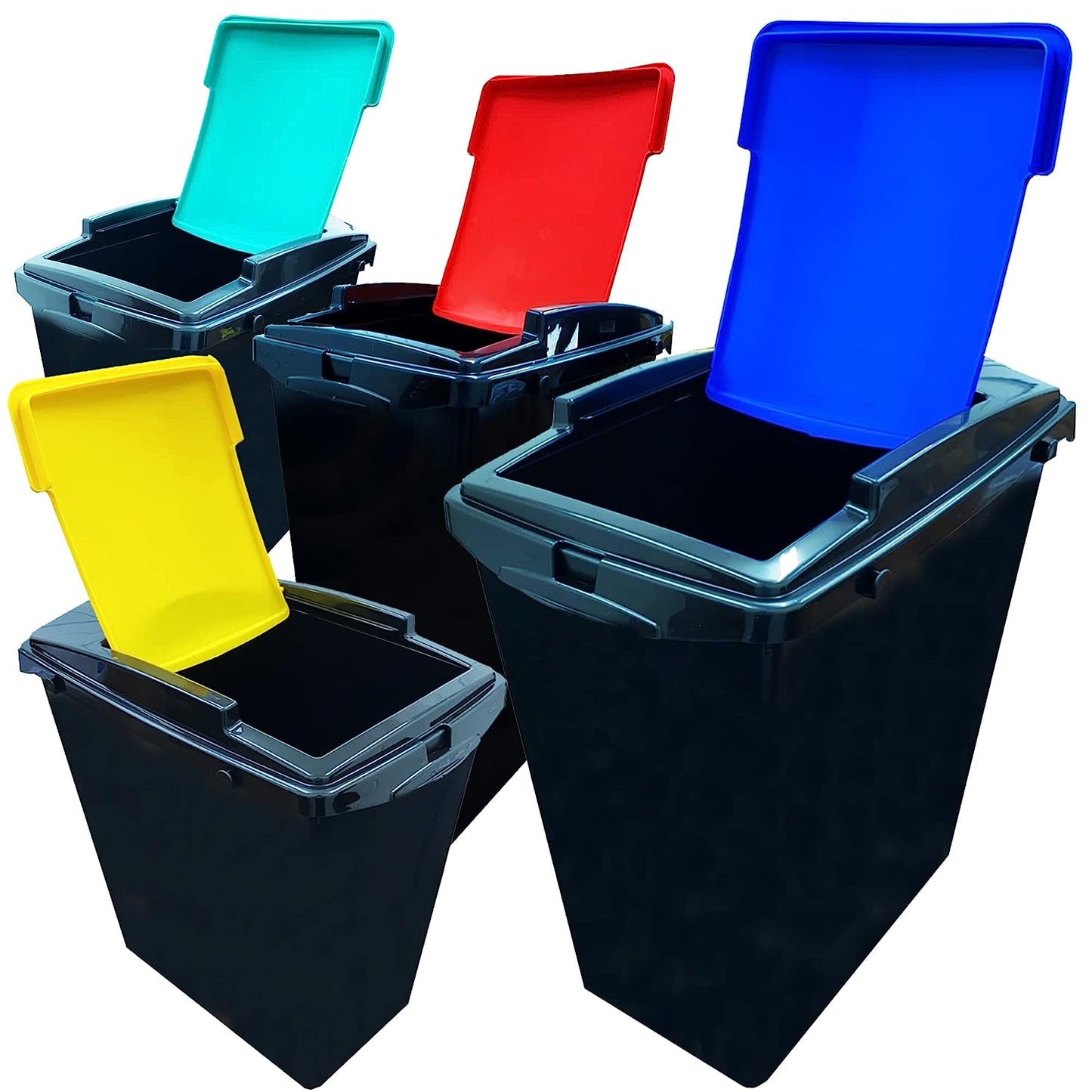 40 Litre Black Plastic Recycling Bins With Colour Coded Swing Lids