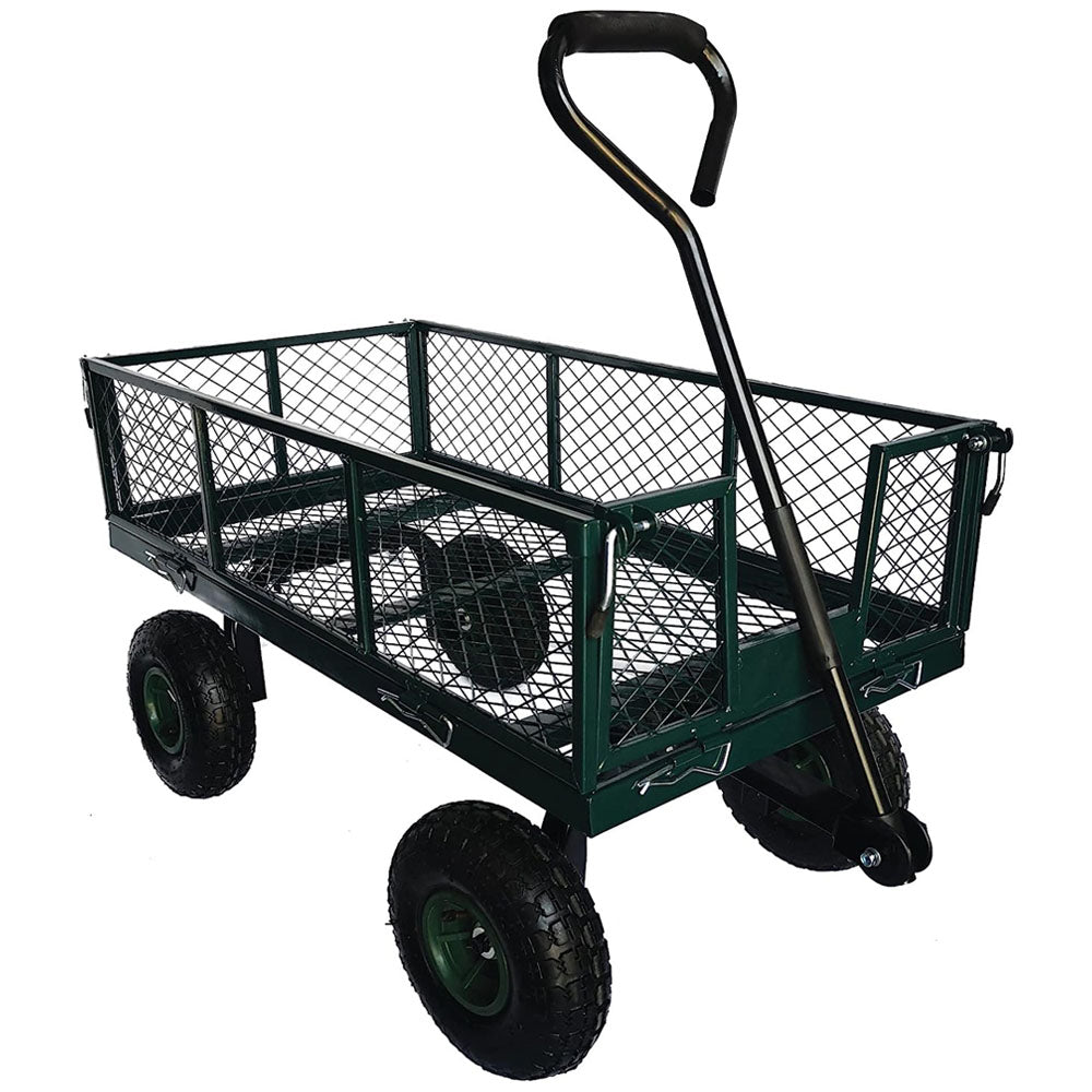 Heavy Duty Metal Outdoor Garden Cart Trolley With Pneumatic Tyres, Mesh Panels & Steel Frame