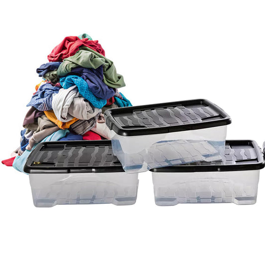 Set Of 4 Clear Plastic 30 Litre Curve Underbed Household Storage Containers With Black Lids