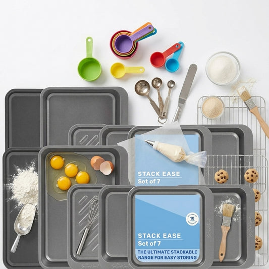 Set of 7 Non-Stick BPA Free Premium Pewter Bakeware Trays, Roaster & Cooling Rack