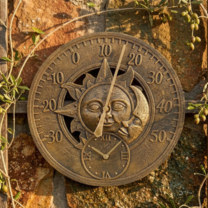 Retro Garden Wall Clock with Thermometer Sun & Moon Design Bronze Finish