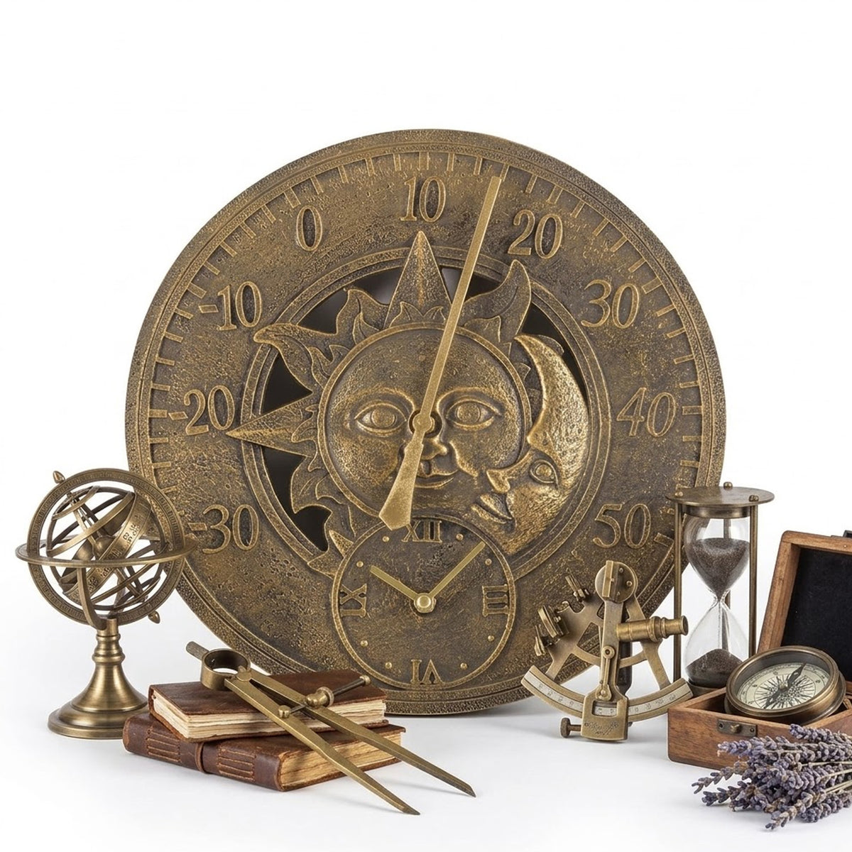 Retro Garden Wall Clock with Thermometer Sun & Moon Design Bronze Finish
