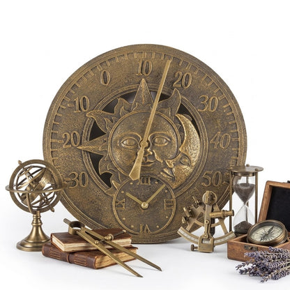 Retro Garden Wall Clock with Thermometer Sun & Moon Design Bronze Finish