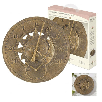 Retro Garden Wall Clock with Thermometer Sun & Moon Design Bronze Finish