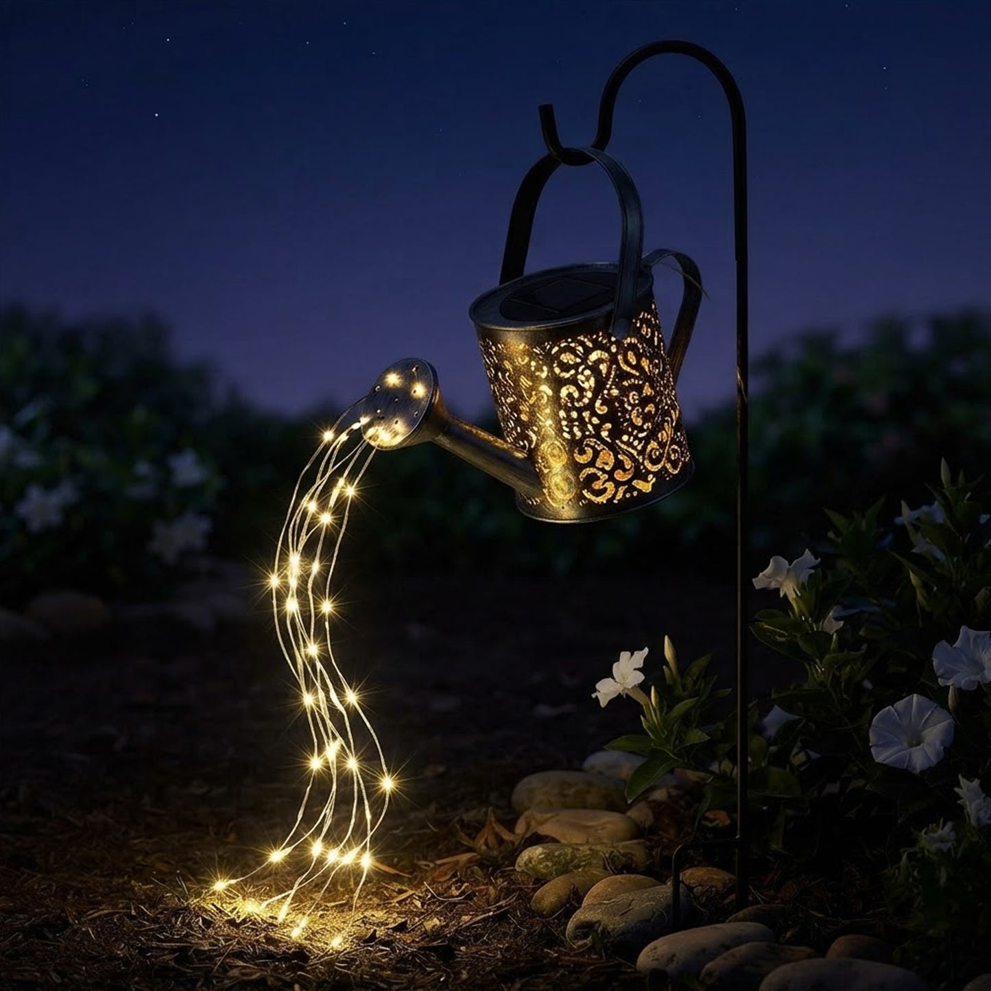 Solar Firefly Watering Can Lantern – Warm White Cascading LED, Weatherproof Garden Stake Light