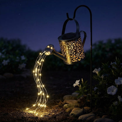 Solar Firefly Watering Can Lantern – Warm White Cascading LED, Weatherproof Garden Stake Light